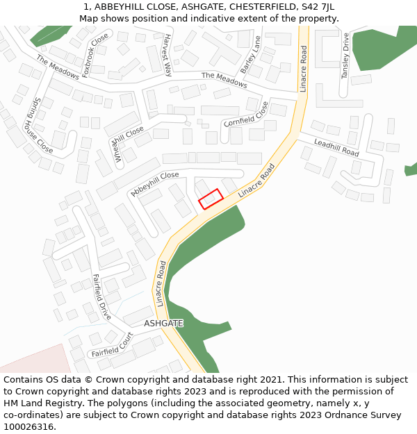 1, ABBEYHILL CLOSE, ASHGATE, CHESTERFIELD, S42 7JL: Location map and indicative extent of plot