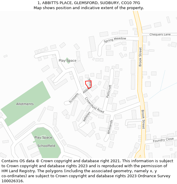 1, ABBITTS PLACE, GLEMSFORD, SUDBURY, CO10 7FG: Location map and indicative extent of plot