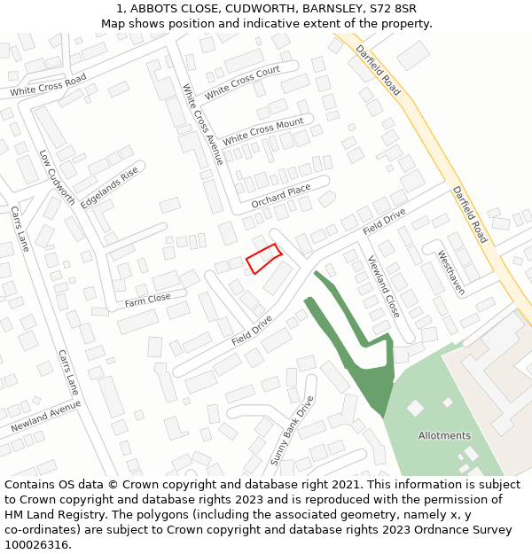 1, ABBOTS CLOSE, CUDWORTH, BARNSLEY, S72 8SR: Location map and indicative extent of plot