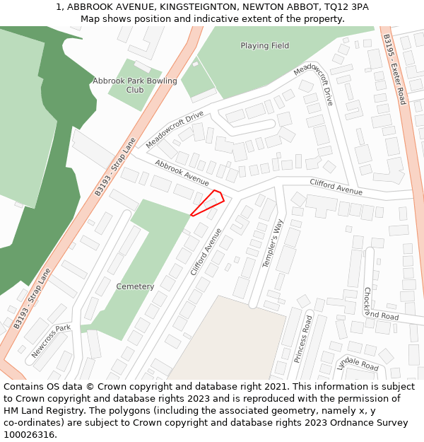 1, ABBROOK AVENUE, KINGSTEIGNTON, NEWTON ABBOT, TQ12 3PA: Location map and indicative extent of plot