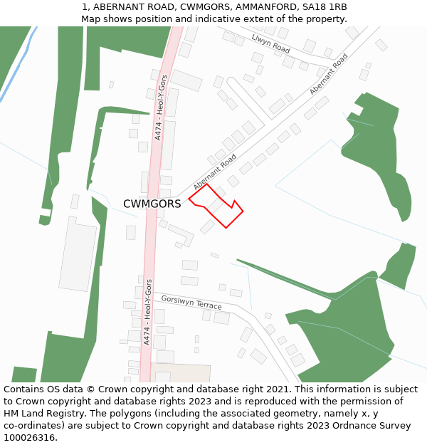 1, ABERNANT ROAD, CWMGORS, AMMANFORD, SA18 1RB: Location map and indicative extent of plot