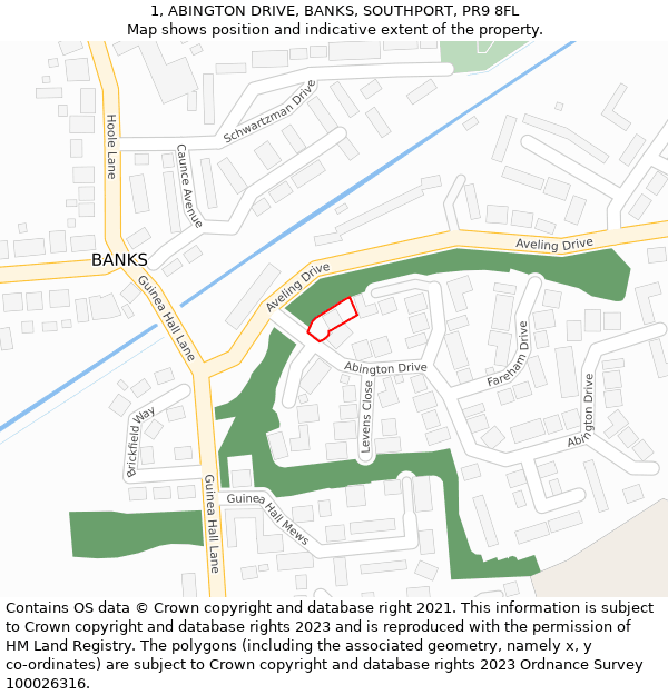 1, ABINGTON DRIVE, BANKS, SOUTHPORT, PR9 8FL: Location map and indicative extent of plot