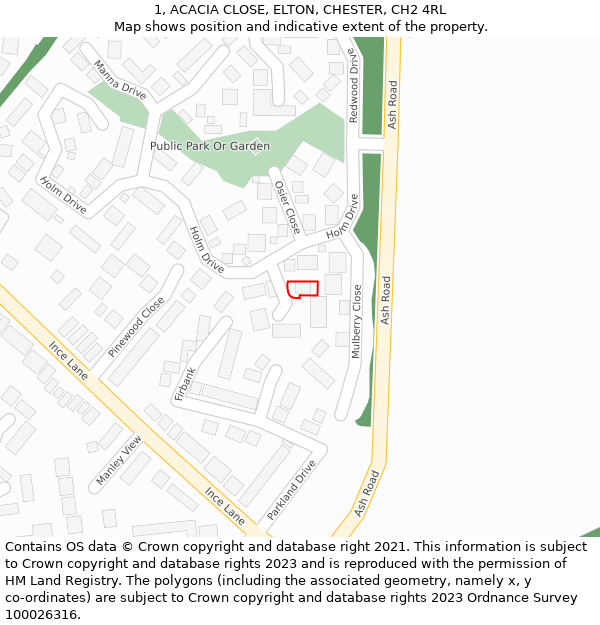 1, ACACIA CLOSE, ELTON, CHESTER, CH2 4RL: Location map and indicative extent of plot