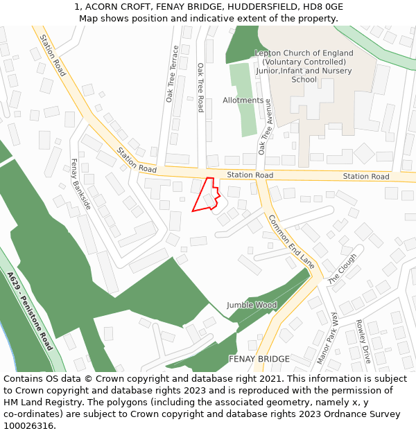 1, ACORN CROFT, FENAY BRIDGE, HUDDERSFIELD, HD8 0GE: Location map and indicative extent of plot