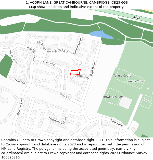 1, ACORN LANE, GREAT CAMBOURNE, CAMBRIDGE, CB23 6GS: Location map and indicative extent of plot