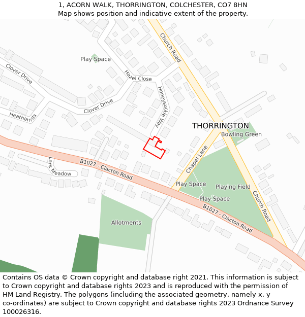 1, ACORN WALK, THORRINGTON, COLCHESTER, CO7 8HN: Location map and indicative extent of plot