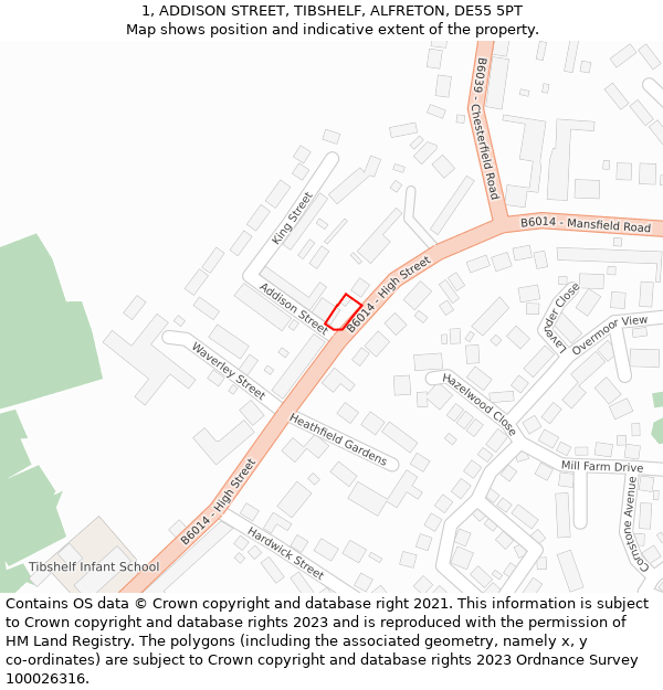 1, ADDISON STREET, TIBSHELF, ALFRETON, DE55 5PT: Location map and indicative extent of plot