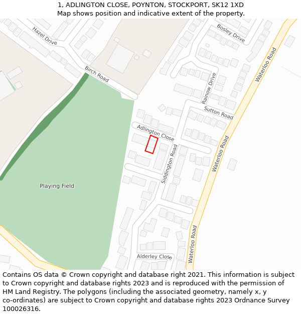 1, ADLINGTON CLOSE, POYNTON, STOCKPORT, SK12 1XD: Location map and indicative extent of plot