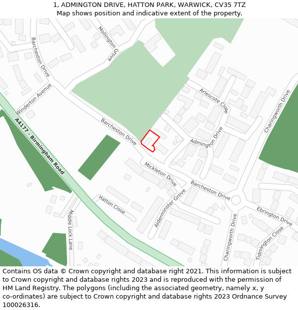 1, ADMINGTON DRIVE, HATTON PARK, WARWICK, CV35 7TZ: Location map and indicative extent of plot