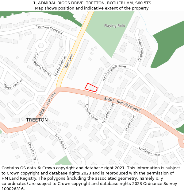 1, ADMIRAL BIGGS DRIVE, TREETON, ROTHERHAM, S60 5TS: Location map and indicative extent of plot