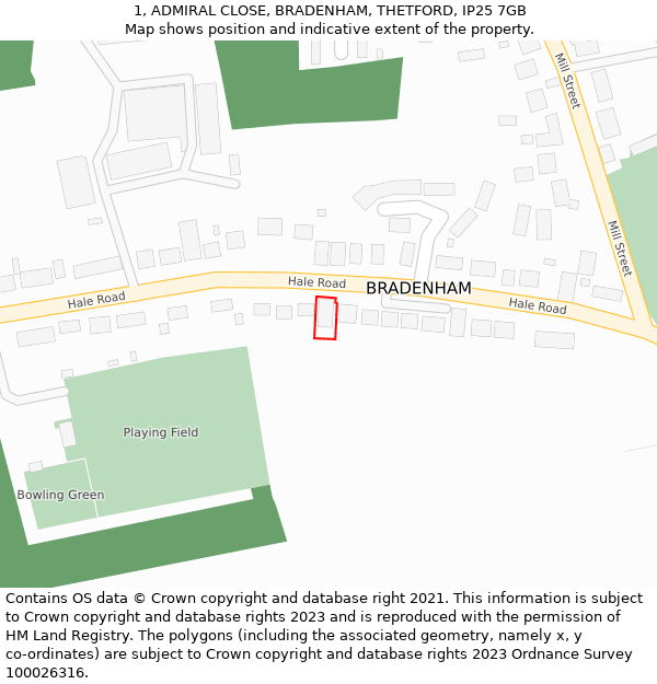 1, ADMIRAL CLOSE, BRADENHAM, THETFORD, IP25 7GB: Location map and indicative extent of plot