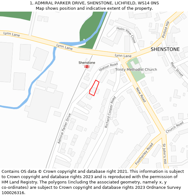 1, ADMIRAL PARKER DRIVE, SHENSTONE, LICHFIELD, WS14 0NS: Location map and indicative extent of plot