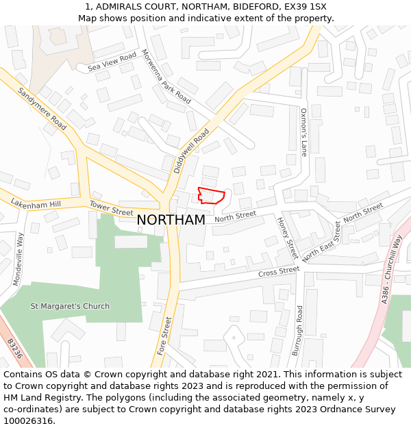 1, ADMIRALS COURT, NORTHAM, BIDEFORD, EX39 1SX: Location map and indicative extent of plot