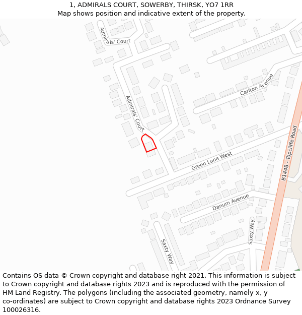 1, ADMIRALS COURT, SOWERBY, THIRSK, YO7 1RR: Location map and indicative extent of plot