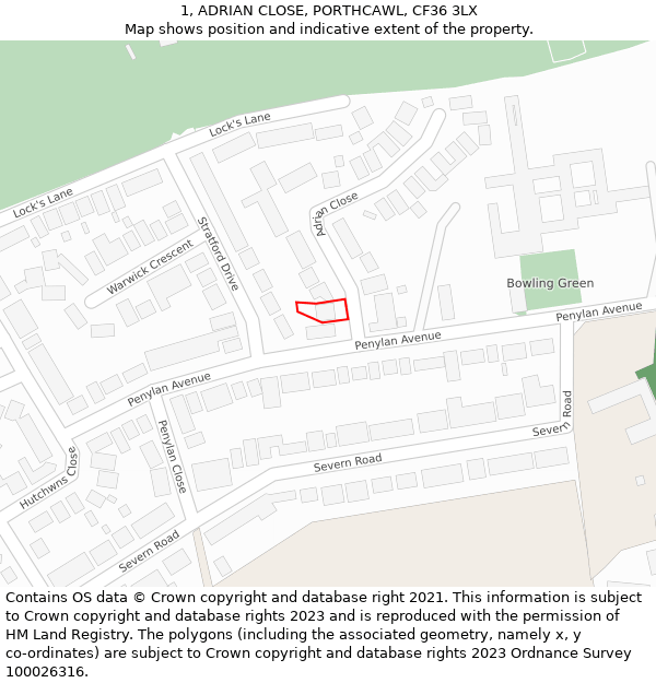 1, ADRIAN CLOSE, PORTHCAWL, CF36 3LX: Location map and indicative extent of plot