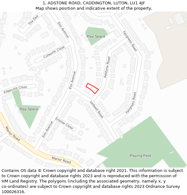 1, ADSTONE ROAD, CADDINGTON, LUTON, LU1 4JF: Location map and indicative extent of plot