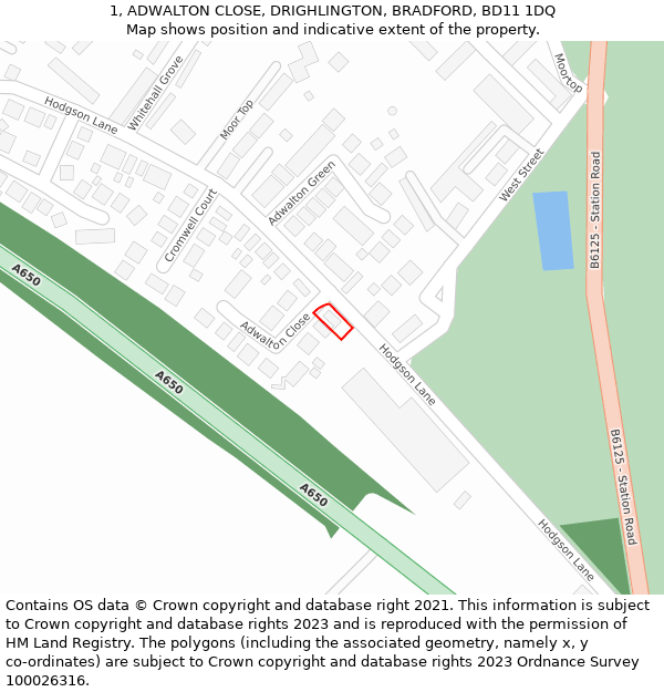 1, ADWALTON CLOSE, DRIGHLINGTON, BRADFORD, BD11 1DQ: Location map and indicative extent of plot