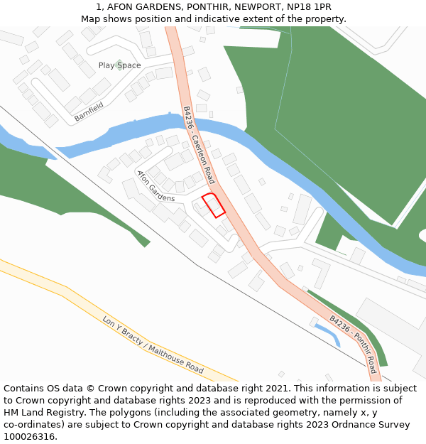 1, AFON GARDENS, PONTHIR, NEWPORT, NP18 1PR: Location map and indicative extent of plot