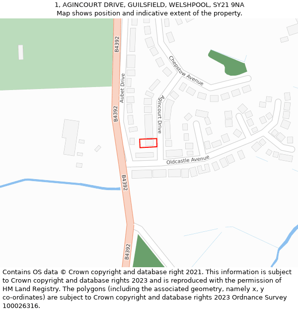 1, AGINCOURT DRIVE, GUILSFIELD, WELSHPOOL, SY21 9NA: Location map and indicative extent of plot