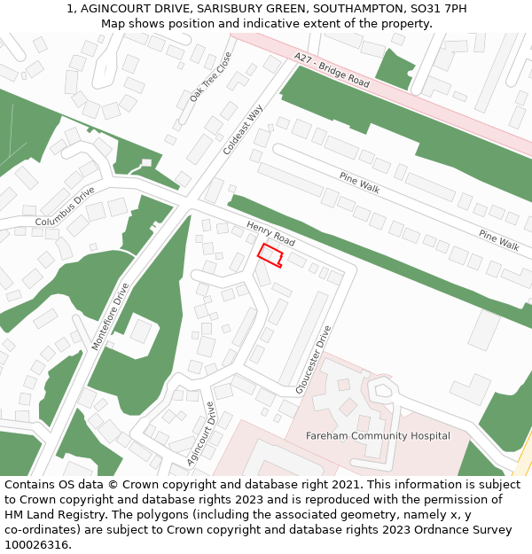 1, AGINCOURT DRIVE, SARISBURY GREEN, SOUTHAMPTON, SO31 7PH: Location map and indicative extent of plot