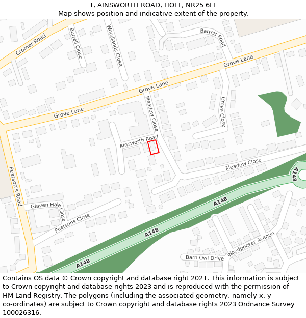 1, AINSWORTH ROAD, HOLT, NR25 6FE: Location map and indicative extent of plot