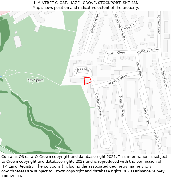 1, AINTREE CLOSE, HAZEL GROVE, STOCKPORT, SK7 4SN: Location map and indicative extent of plot