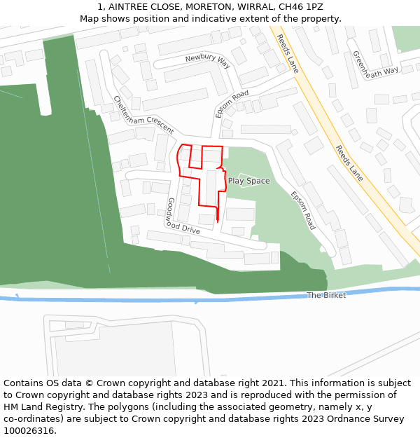 1, AINTREE CLOSE, MORETON, WIRRAL, CH46 1PZ: Location map and indicative extent of plot