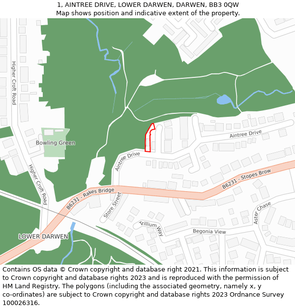 1, AINTREE DRIVE, LOWER DARWEN, DARWEN, BB3 0QW: Location map and indicative extent of plot