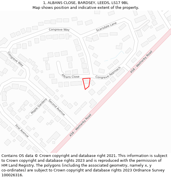 1, ALBANS CLOSE, BARDSEY, LEEDS, LS17 9BL: Location map and indicative extent of plot