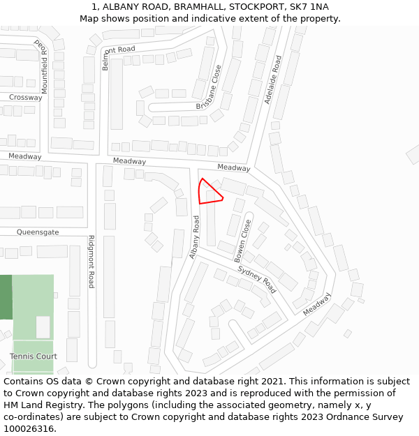 1, ALBANY ROAD, BRAMHALL, STOCKPORT, SK7 1NA: Location map and indicative extent of plot