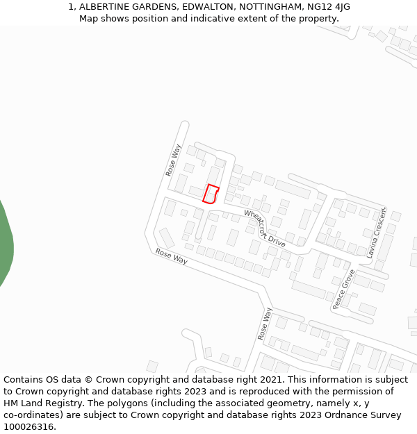 1, ALBERTINE GARDENS, EDWALTON, NOTTINGHAM, NG12 4JG: Location map and indicative extent of plot