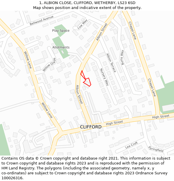 1, ALBION CLOSE, CLIFFORD, WETHERBY, LS23 6SD: Location map and indicative extent of plot