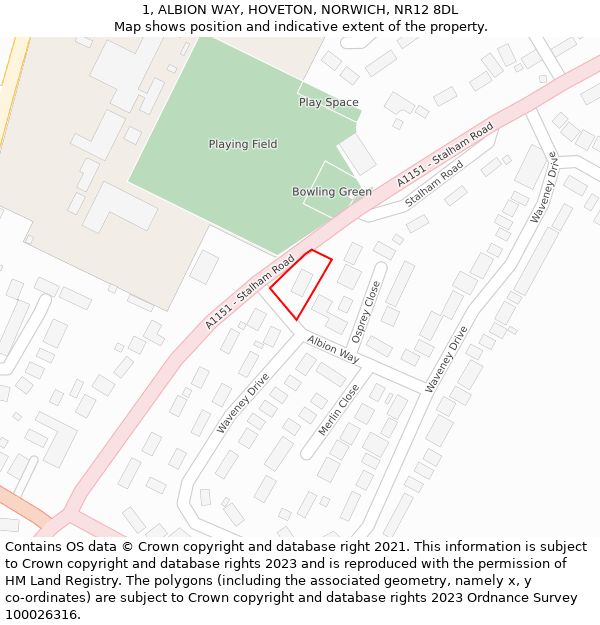 1, ALBION WAY, HOVETON, NORWICH, NR12 8DL: Location map and indicative extent of plot