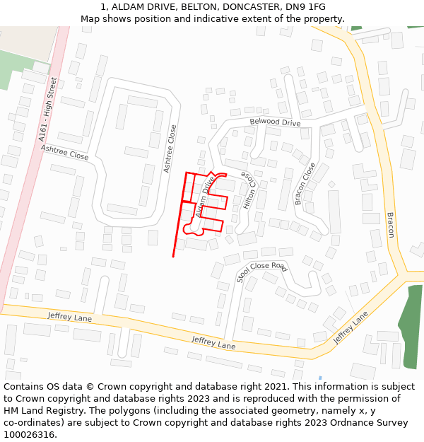 1, ALDAM DRIVE, BELTON, DONCASTER, DN9 1FG: Location map and indicative extent of plot
