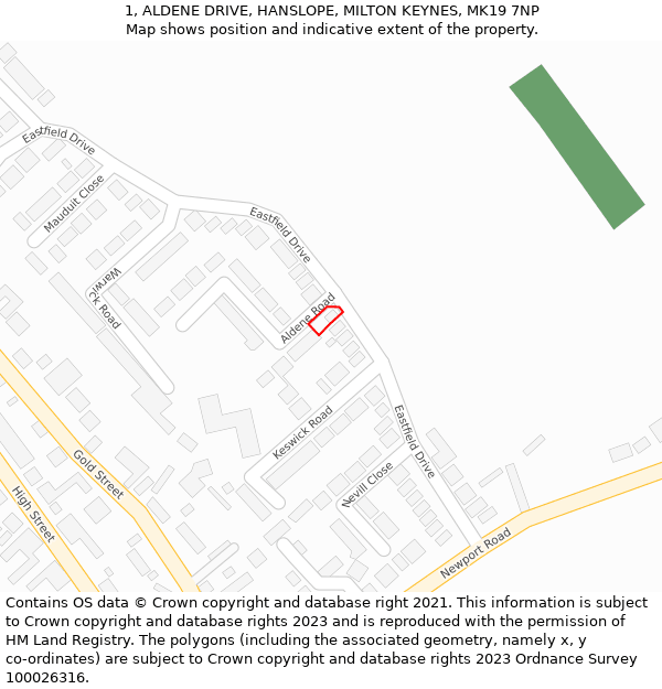 1, ALDENE DRIVE, HANSLOPE, MILTON KEYNES, MK19 7NP: Location map and indicative extent of plot