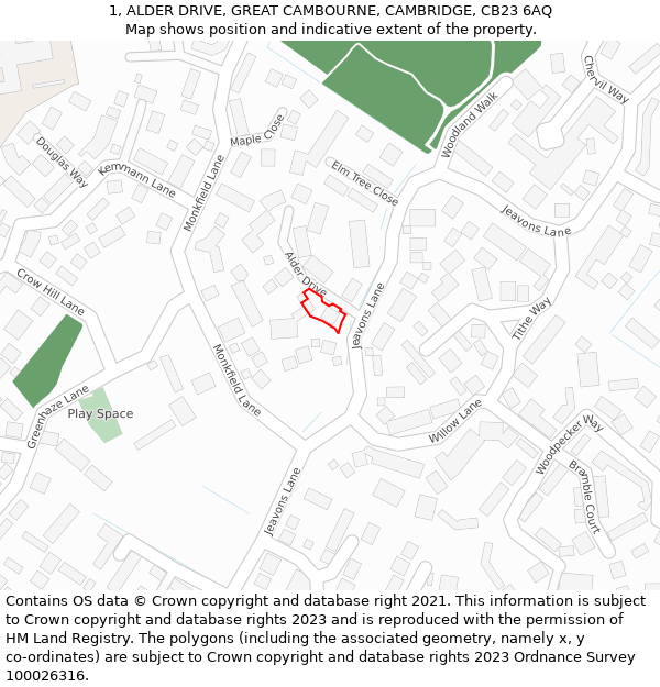 1, ALDER DRIVE, GREAT CAMBOURNE, CAMBRIDGE, CB23 6AQ: Location map and indicative extent of plot