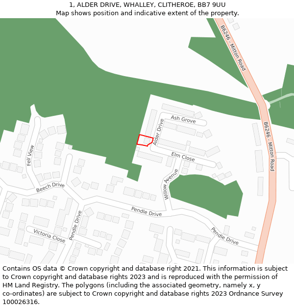 1, ALDER DRIVE, WHALLEY, CLITHEROE, BB7 9UU: Location map and indicative extent of plot