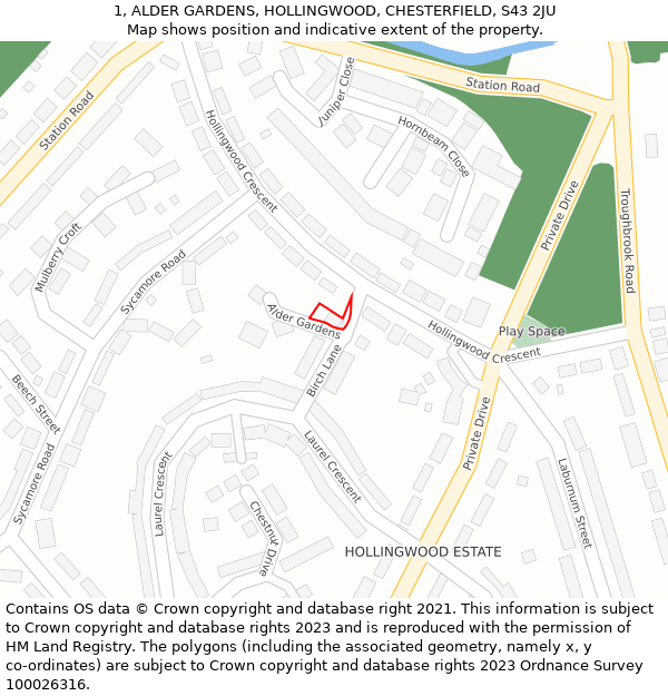 1, ALDER GARDENS, HOLLINGWOOD, CHESTERFIELD, S43 2JU: Location map and indicative extent of plot