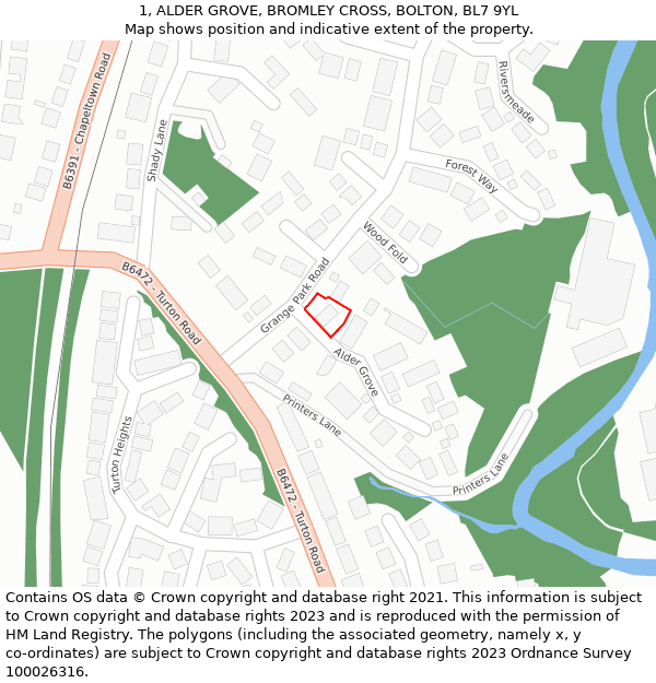 1, ALDER GROVE, BROMLEY CROSS, BOLTON, BL7 9YL: Location map and indicative extent of plot