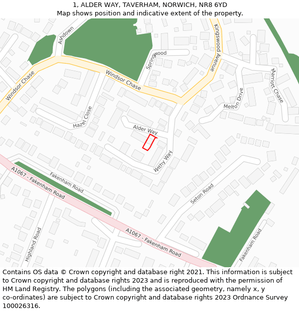 1, ALDER WAY, TAVERHAM, NORWICH, NR8 6YD: Location map and indicative extent of plot