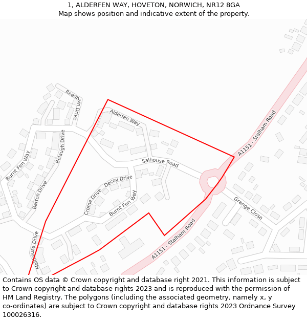 1, ALDERFEN WAY, HOVETON, NORWICH, NR12 8GA: Location map and indicative extent of plot