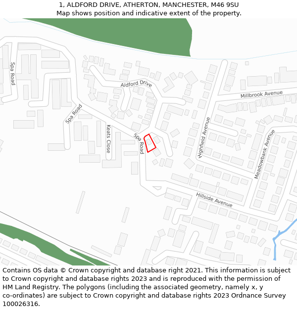 1, ALDFORD DRIVE, ATHERTON, MANCHESTER, M46 9SU: Location map and indicative extent of plot