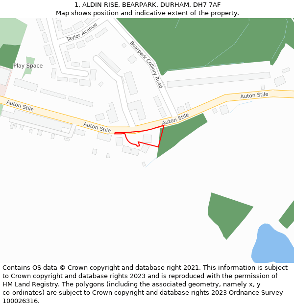 1, ALDIN RISE, BEARPARK, DURHAM, DH7 7AF: Location map and indicative extent of plot