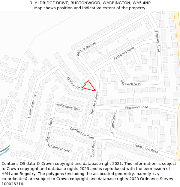 1, ALDRIDGE DRIVE, BURTONWOOD, WARRINGTON, WA5 4NP: Location map and indicative extent of plot