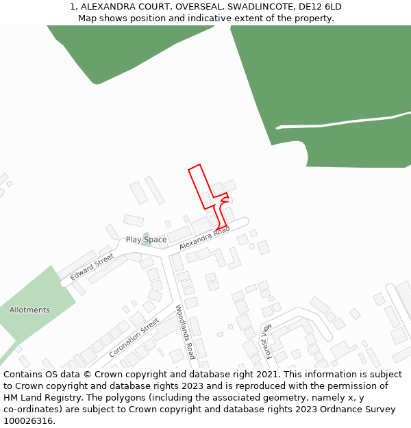 1, ALEXANDRA COURT, OVERSEAL, SWADLINCOTE, DE12 6LD: Location map and indicative extent of plot