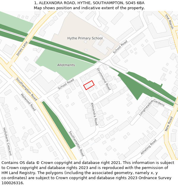 1, ALEXANDRA ROAD, HYTHE, SOUTHAMPTON, SO45 6BA: Location map and indicative extent of plot