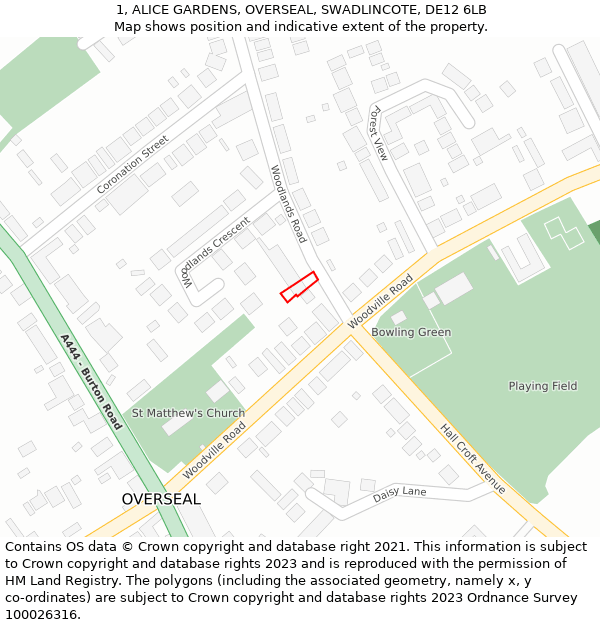 1, ALICE GARDENS, OVERSEAL, SWADLINCOTE, DE12 6LB: Location map and indicative extent of plot