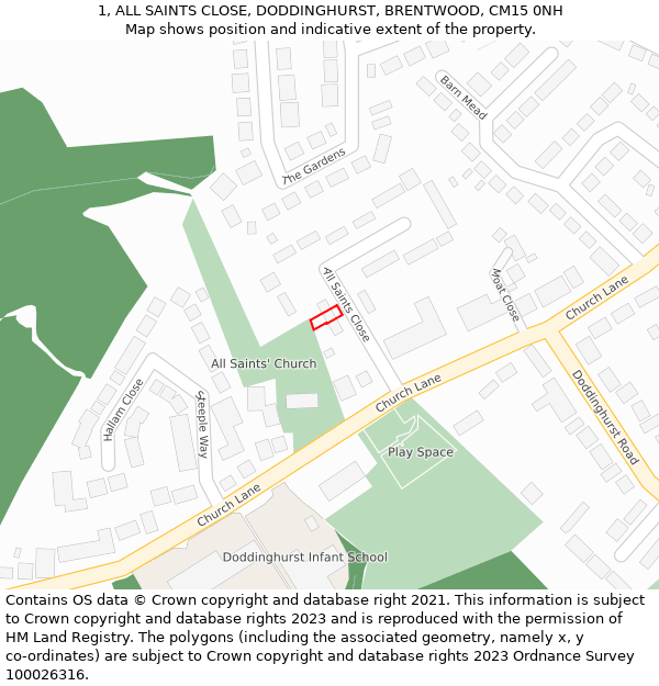 1, ALL SAINTS CLOSE, DODDINGHURST, BRENTWOOD, CM15 0NH: Location map and indicative extent of plot