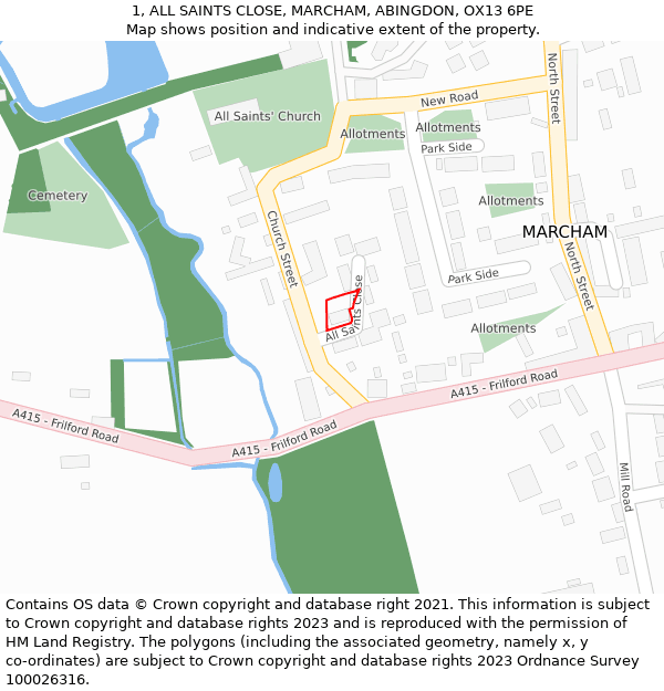 1, ALL SAINTS CLOSE, MARCHAM, ABINGDON, OX13 6PE: Location map and indicative extent of plot