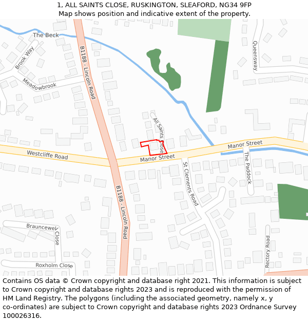 1, ALL SAINTS CLOSE, RUSKINGTON, SLEAFORD, NG34 9FP: Location map and indicative extent of plot